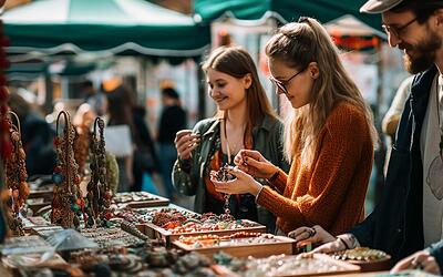 Junge Frau und weitere Menschen beim Stöbern auf einem Flohmarkt