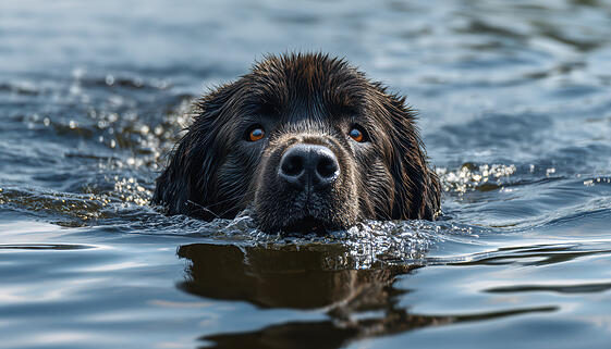 newfoundland dog swimming in calm lake newfoundland dog swimming in calm lake