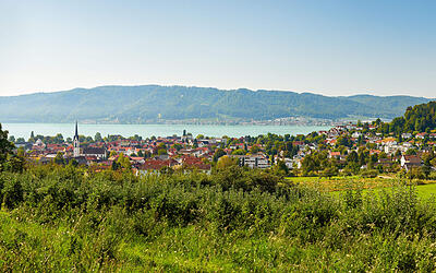 Panoramaaufnahme von Bodman-Ludwigshafen mit dem Bodensee im Hintergrund