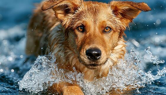 Cute medium-sized dog joyfully swimming in ocean or lake Cute medium-sized dog joyfully swimming in ocean or lake