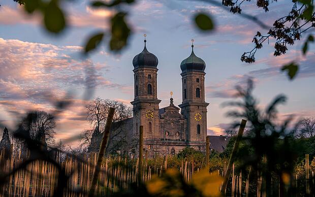 Schlosskirche in Friedrichshafen bei Sonnenuntergang und rosa Himmel
