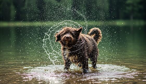 Brown dog shaking off water in the lake creating a shimmering splash effect Brown dog shaking off water in the lake creating a shimmering splash effect