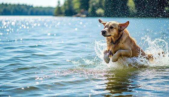 Golden Retriever dog joyfully splashes through sparkling lake water, captured in a dynamic, active pet lifestyle moment. Golden Retriever dog joyfully splashes through sparkling lake water, captured in a dynamic, active pet lifestyle moment.