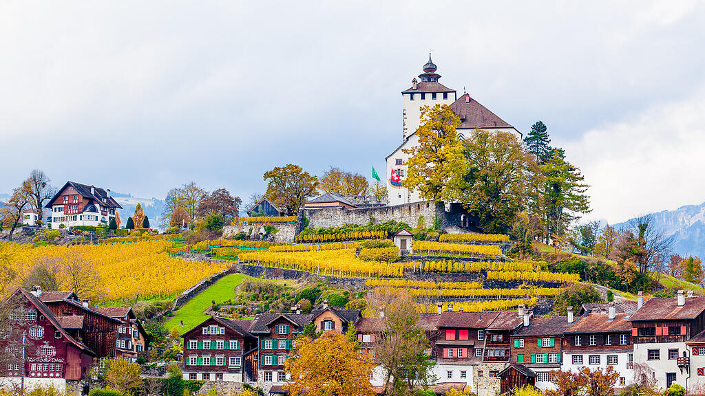 Gewässer und Fachwerkhäuser in St. Gallen im Herbst